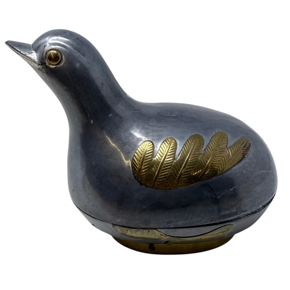 Metal Bird Figurine Pewter Jewlery Box Brass Hong Kong Quail Decor 70s